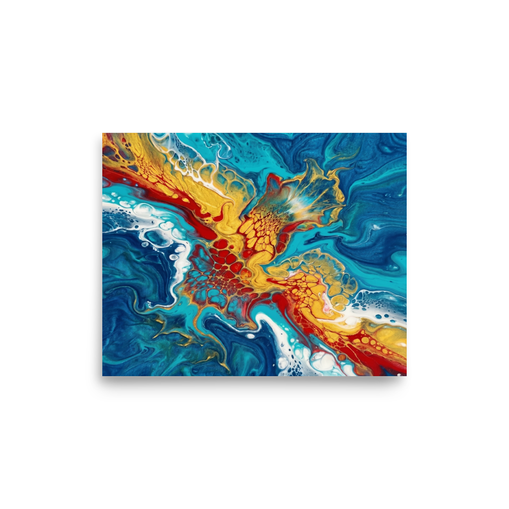 'Crimson Splash' — a Abstract art print. A vibrant red, gold, and blue fluid abstract artwork, perfect for a Living Room.
