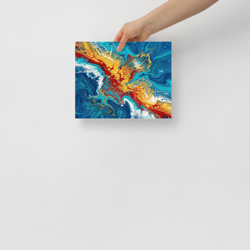 'Crimson Splash' — a Abstract art print. A vibrant red, gold, and blue fluid abstract artwork, perfect for a Living Room.