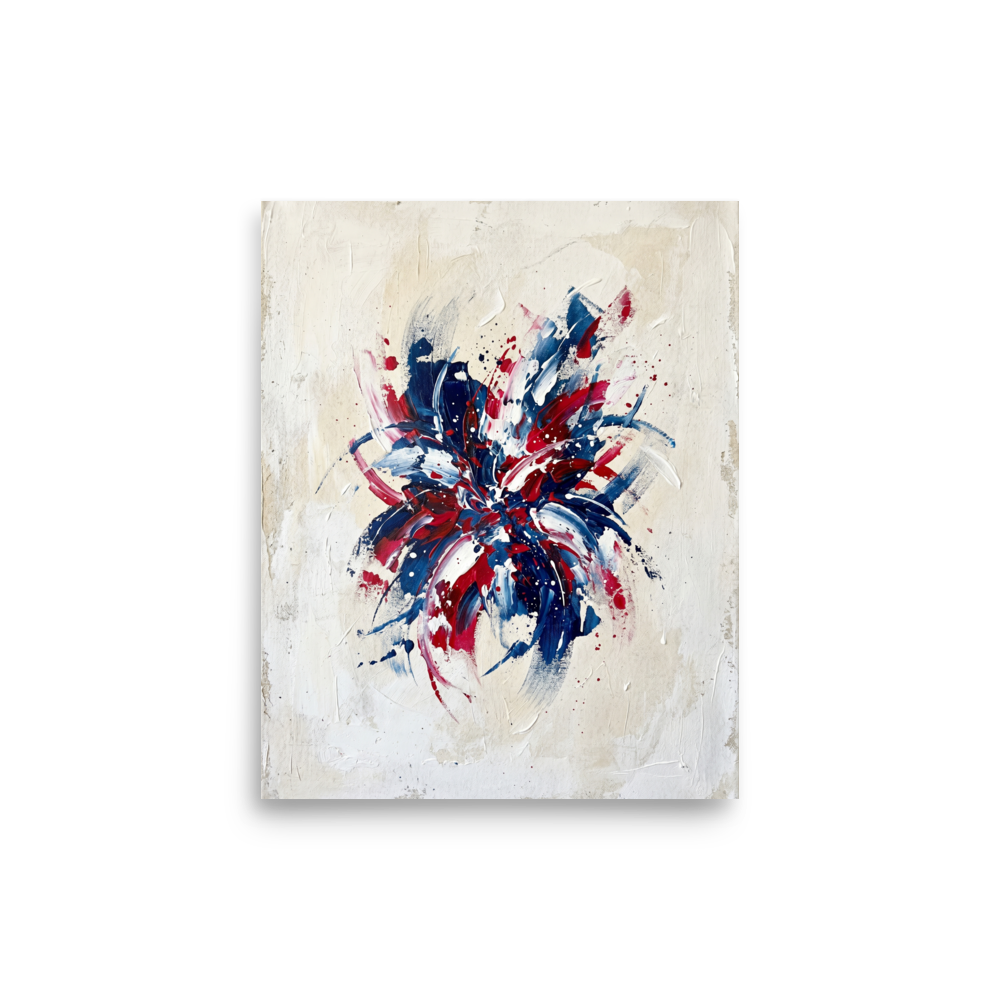 'Patriotic Burst' — a Abstract expressionism print. An abstract painting featuring an explosive burst of red, white, and blue paint on a beige background, perfect for a modern living room.