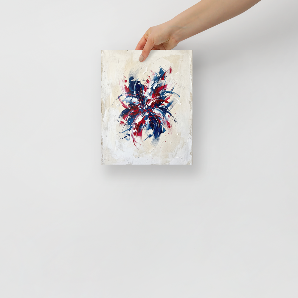 'Patriotic Burst' — a Abstract expressionism print. An abstract painting featuring an explosive burst of red, white, and blue paint on a beige background, perfect for a modern living room.