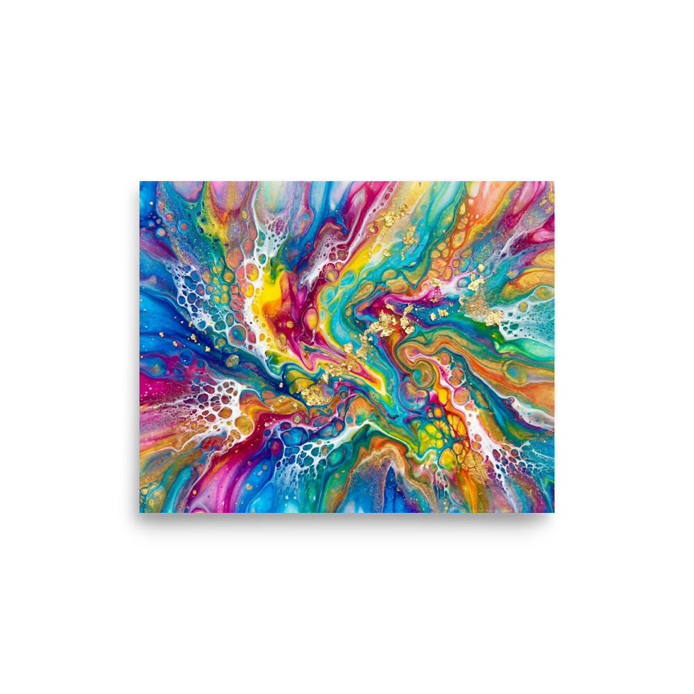 'Rainbow Burst' — a Abstract art print. A highly colorful rainbow abstract artwork with gold flakes, perfect for a Game Room.