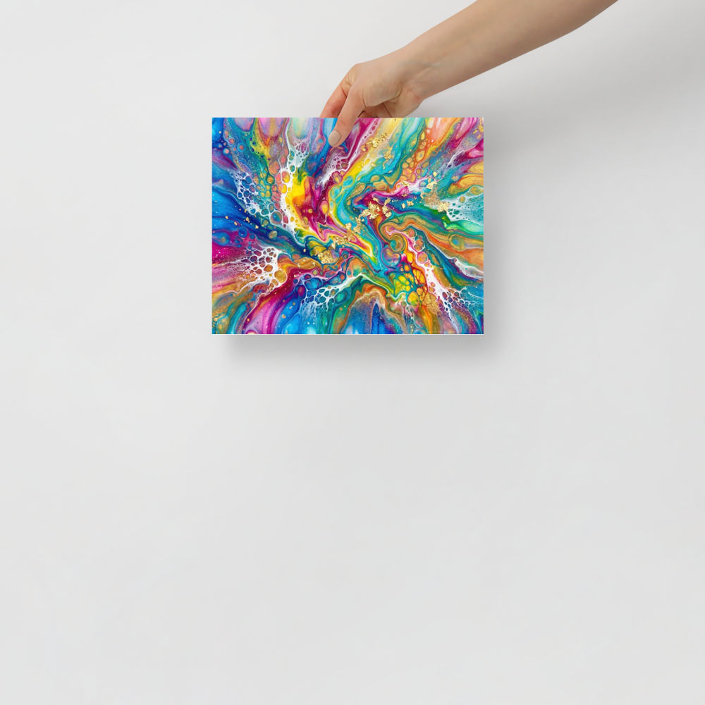 'Rainbow Burst' — a Abstract art print. A highly colorful rainbow abstract artwork with gold flakes, perfect for a Game Room.