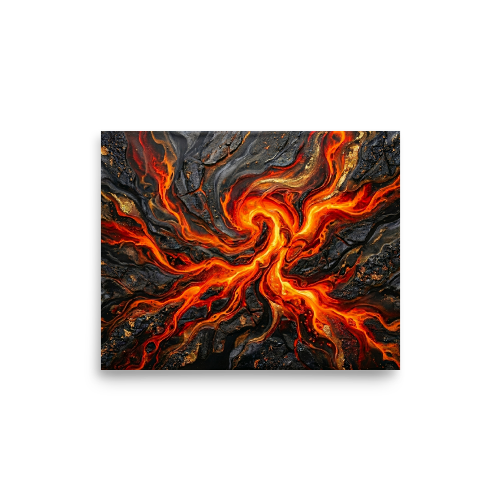 'Molten Core' — a Abstract art print. A striking abstract artwork resembling molten lava and dark stone, perfect for a Game Room.