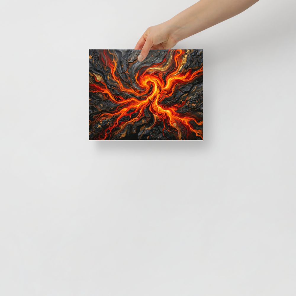 'Molten Core' — a Abstract art print. A striking abstract artwork resembling molten lava and dark stone, perfect for a Game Room.