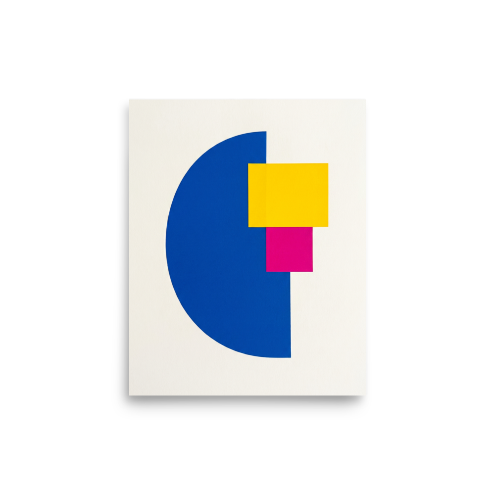 'Primary Intersection' — a Geometric abstract art print. Geometric abstract artwork showing a blue semi-circle, yellow rectangle, and magenta square arranged on a white background, perfect for a modern office.