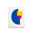 'Primary Intersection' — a Geometric abstract art print. Geometric abstract artwork showing a blue semi-circle, yellow rectangle, and magenta square arranged on a white background, perfect for a modern office.