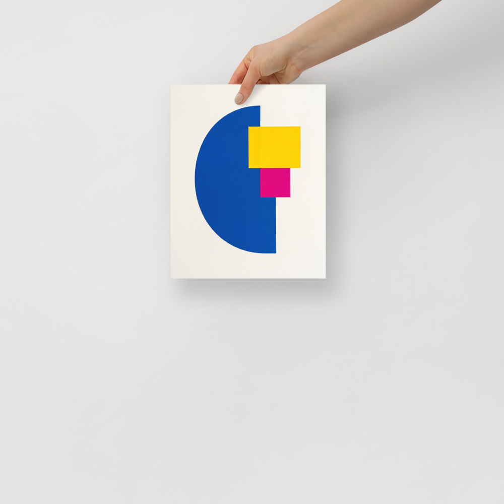 'Primary Intersection' — a Geometric abstract art print. Geometric abstract artwork showing a blue semi-circle, yellow rectangle, and magenta square arranged on a white background, perfect for a modern office.