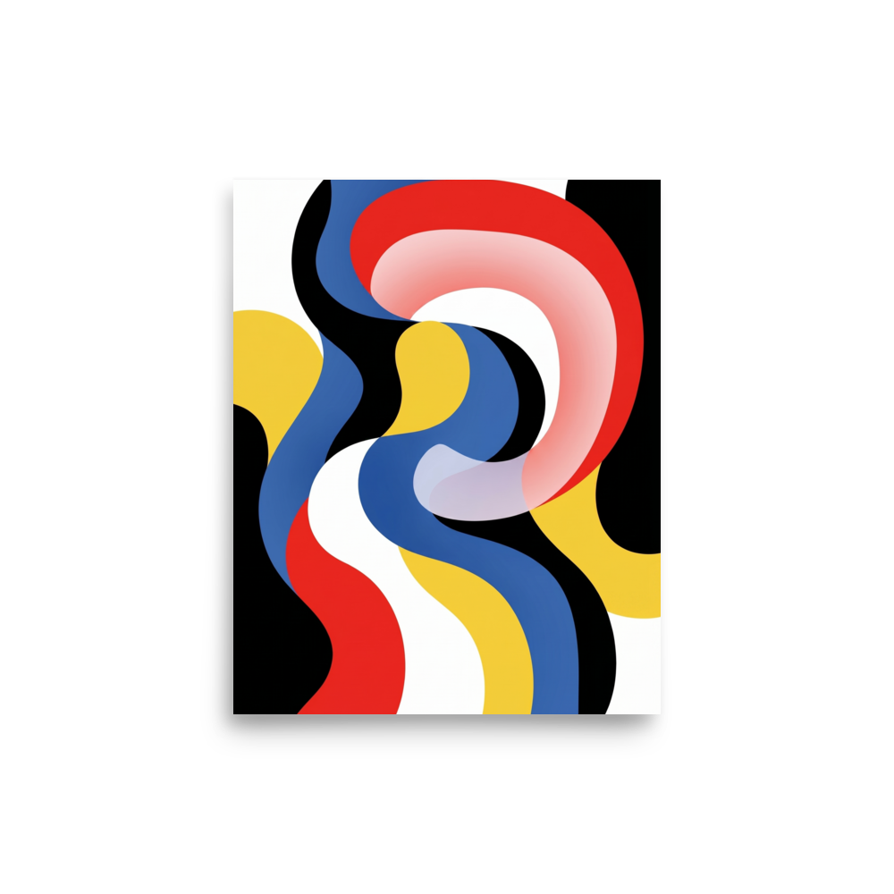 'Chromatic Flow' — a Op Art print. Abstract digital artwork featuring flowing, overlapping wavy bands in red, blue, yellow, black, and white.