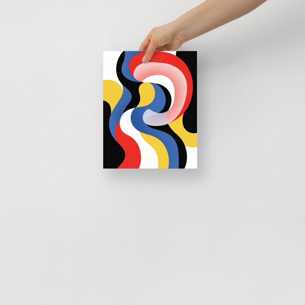 'Chromatic Flow' — a Op Art print. Abstract digital artwork featuring flowing, overlapping wavy bands in red, blue, yellow, black, and white.