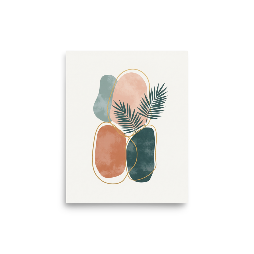 'Tropical Abstract Harmony' — a Minimalism print. Minimalist abstract art featuring organic shapes in blush, terracotta, and green, accented with gold lines and palm leaves.
