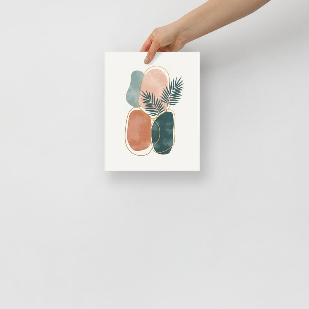 'Tropical Abstract Harmony' — a Minimalism print. Minimalist abstract art featuring organic shapes in blush, terracotta, and green, accented with gold lines and palm leaves.