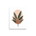 'Botanical Horizon' — a Minimalism print. Minimalist art featuring a dark green leafy branch over a peach and terracotta oval background, perfect for a cozy entryway.