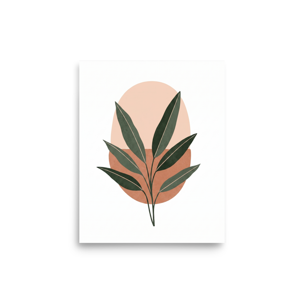 'Botanical Horizon' — a Minimalism print. Minimalist art featuring a dark green leafy branch over a peach and terracotta oval background, perfect for a cozy entryway.