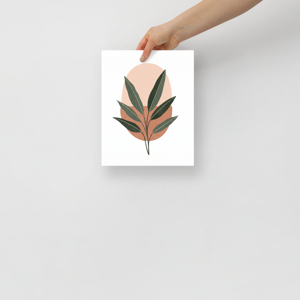 'Botanical Horizon' — a Minimalism print. Minimalist art featuring a dark green leafy branch over a peach and terracotta oval background, perfect for a cozy entryway.