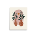 'Desert Oasis Botanicals' — a Minimalism print. Minimalist boho art featuring terracotta vases with green plants against a dusty pink arch and a small orange sun.
