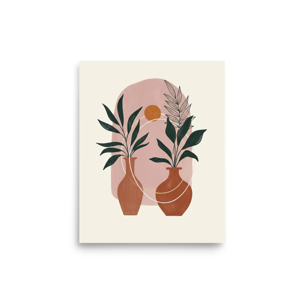 'Desert Oasis Botanicals' — a Minimalism print. Minimalist boho art featuring terracotta vases with green plants against a dusty pink arch and a small orange sun.