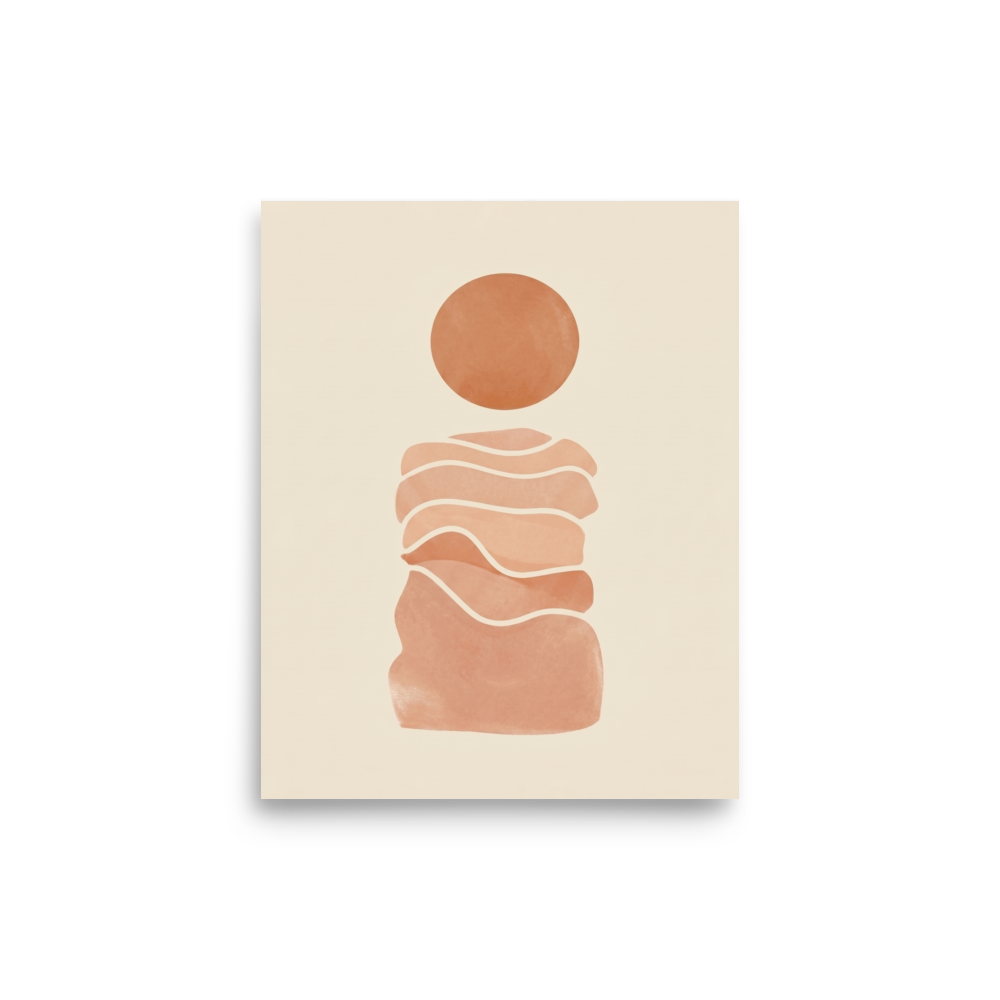 'Desert Sun Reverie' — a Minimalism print. Minimalist abstract landscape featuring wavy terracotta layers and a burnt orange sun on a beige background.
