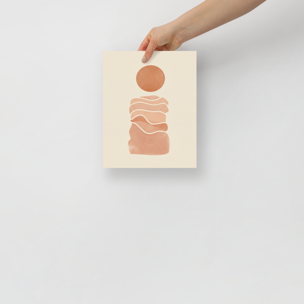 'Desert Sun Reverie' — a Minimalism print. Minimalist abstract landscape featuring wavy terracotta layers and a burnt orange sun on a beige background.