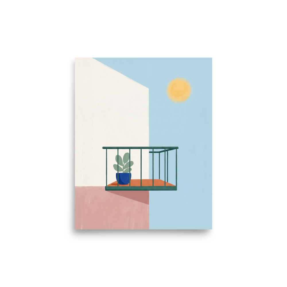 'Sunlit Balcony' — a Minimalism print. Minimalist architectural illustration of a green balcony with a potted plant against white and pink walls under a bright yellow sun.