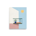 'Sunlit Balcony' — a Minimalism print. Minimalist architectural illustration of a green balcony with a potted plant against white and pink walls under a bright yellow sun.