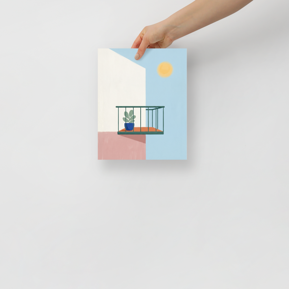 'Sunlit Balcony' — a Minimalism print. Minimalist architectural illustration of a green balcony with a potted plant against white and pink walls under a bright yellow sun.