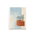 'Balcony Impression' — a Abstract art print. Abstract painting of a terracotta balcony with a potted plant against a soft blue and beige background.