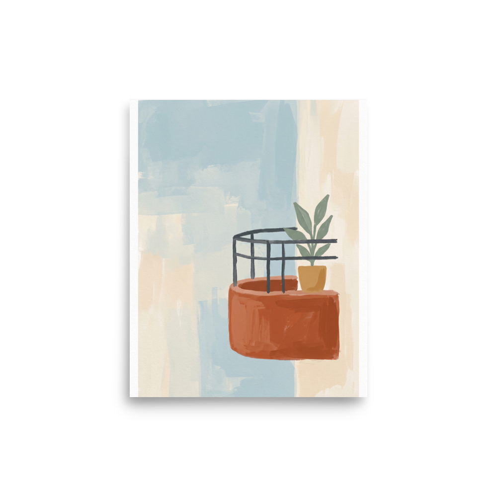 'Balcony Impression' — a Abstract art print. Abstract painting of a terracotta balcony with a potted plant against a soft blue and beige background.