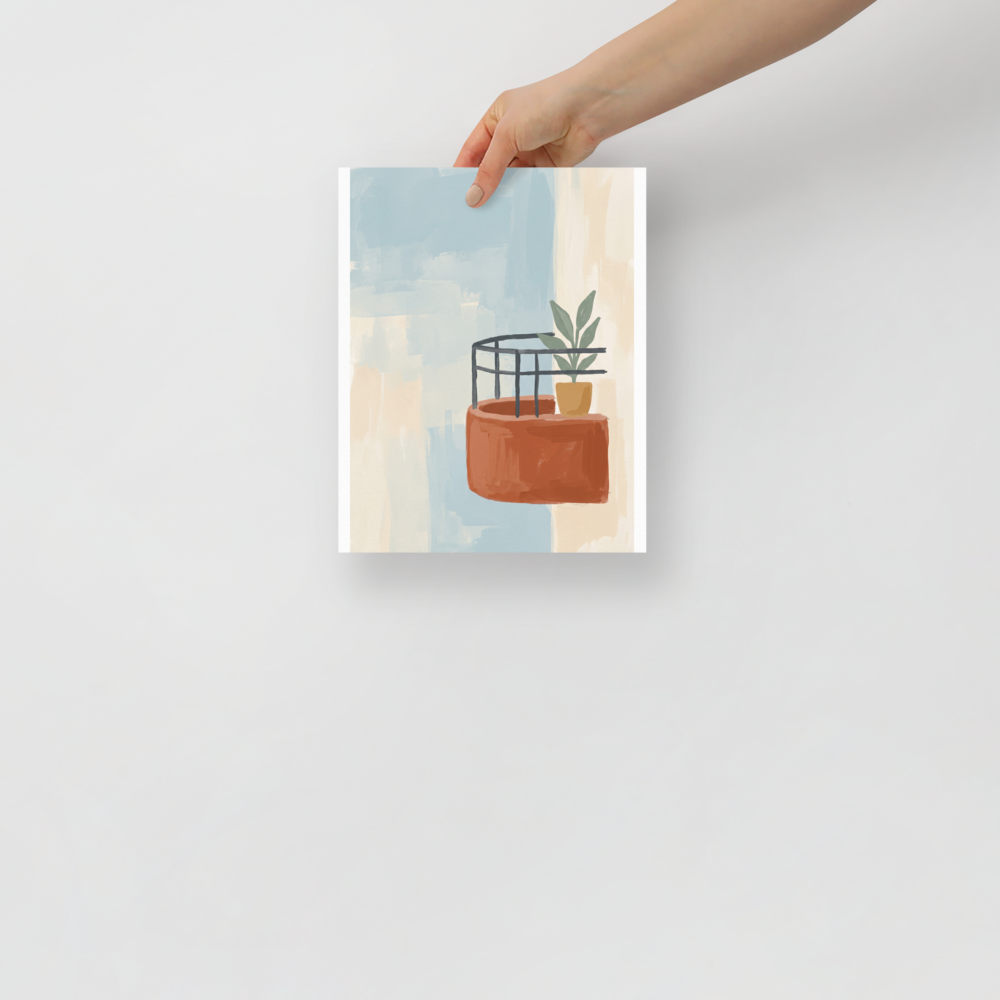 'Balcony Impression' — a Abstract art print. Abstract painting of a terracotta balcony with a potted plant against a soft blue and beige background.
