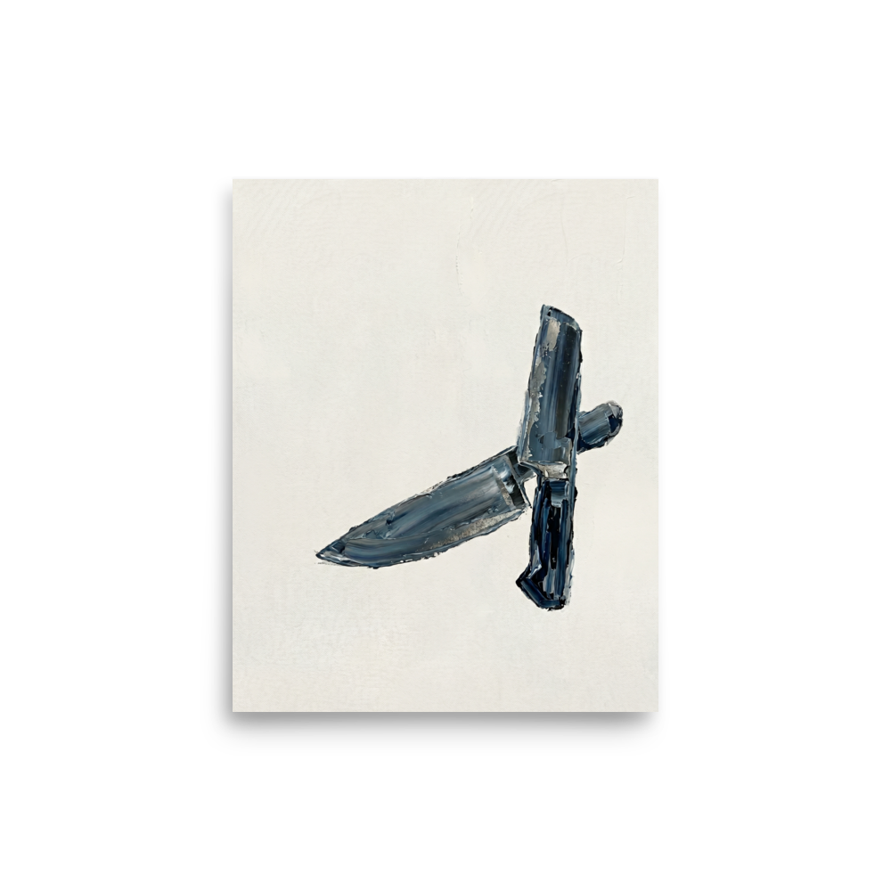 'Culinary Precision' — a Minimalism print. Minimalist impasto painting of two crossed chef's knives in dark grey and silver against an off-white background.