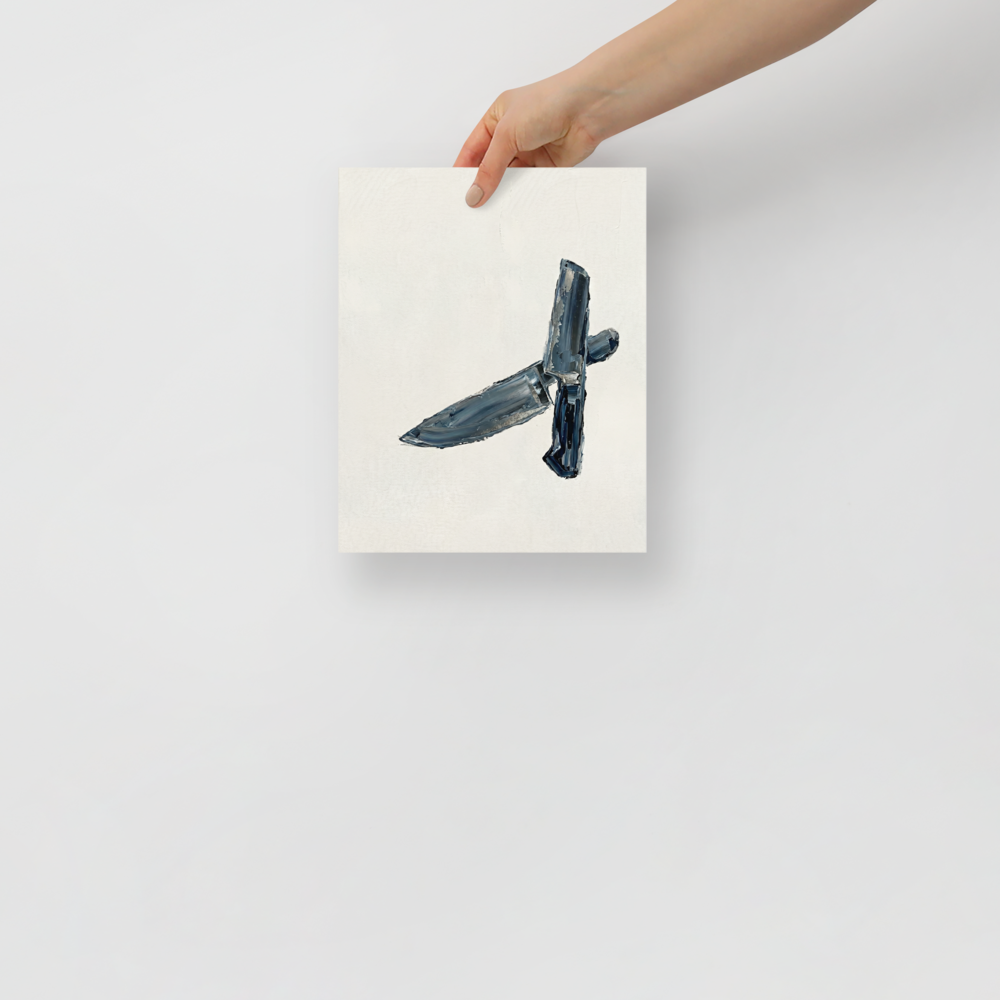 'Culinary Precision' — a Minimalism print. Minimalist impasto painting of two crossed chef's knives in dark grey and silver against an off-white background.