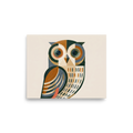 'Geometric Owl' — a Minimalism,Cubism print. An abstract geometric painting of an owl with large circular eyes, rendered in thick brushstrokes of green, brown, grey, and gold against a beige background. Perfect for a modern office.