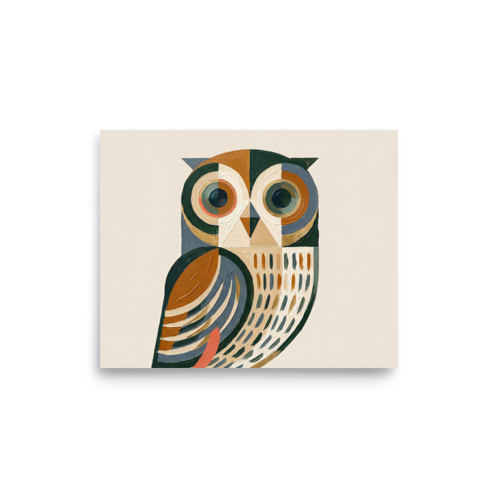 'Geometric Owl' — a Minimalism,Cubism print. An abstract geometric painting of an owl with large circular eyes, rendered in thick brushstrokes of green, brown, grey, and gold against a beige background. Perfect for a modern office.