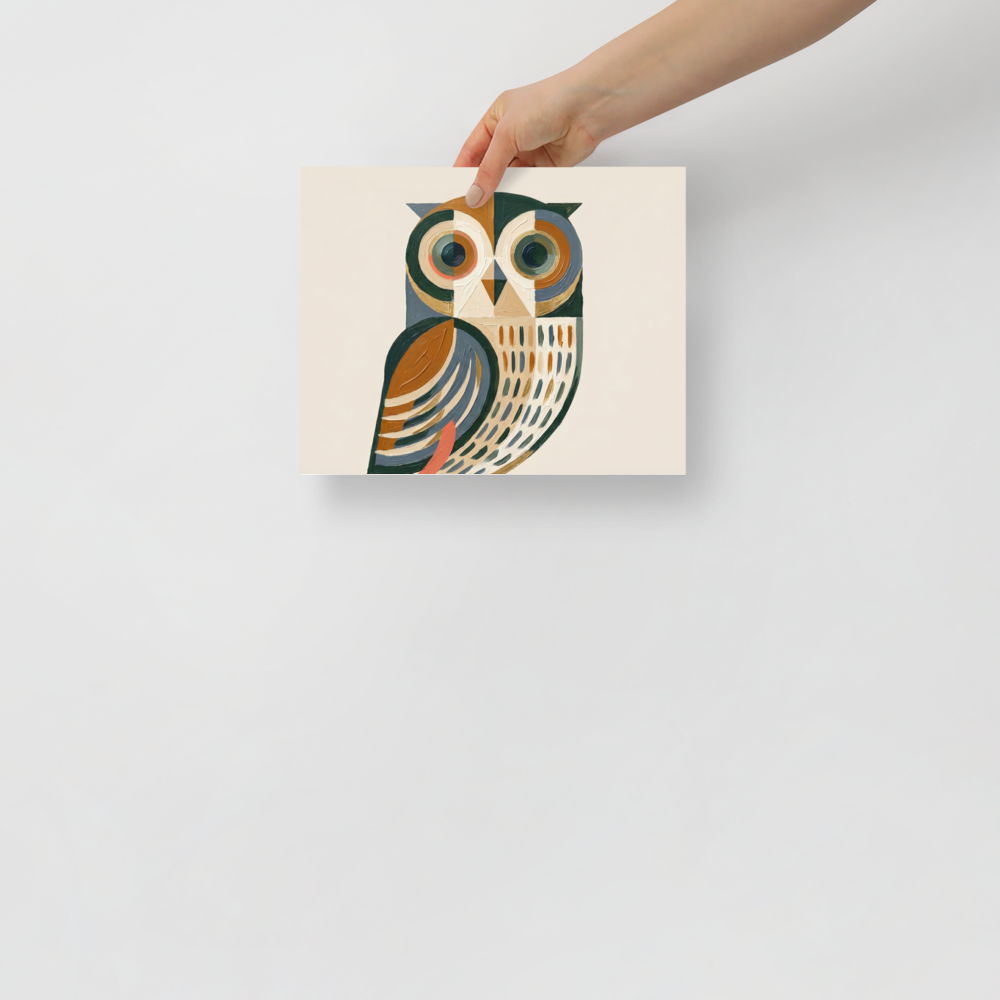 'Geometric Owl' — a Minimalism,Cubism print. An abstract geometric painting of an owl with large circular eyes, rendered in thick brushstrokes of green, brown, grey, and gold against a beige background. Perfect for a modern office.