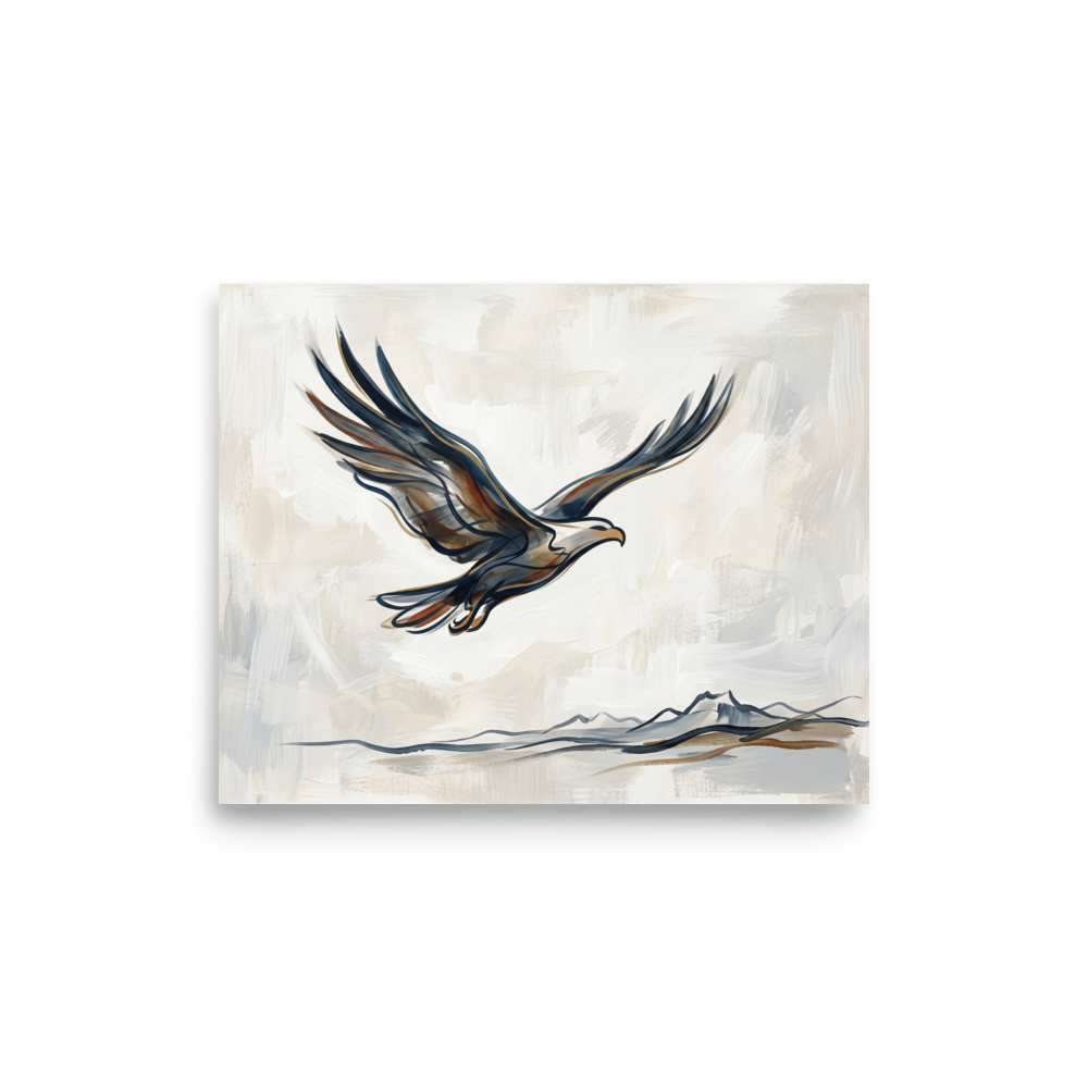 'Soaring Eagle' — a Minimalism,Lyrical abstraction print. A minimalist painting of an eagle in flight, created with bold, sweeping strokes of blue and brown over a subtle mountain outline, suitable for a serene living room.