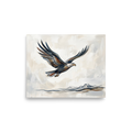 'Soaring Eagle' — a Minimalism,Lyrical abstraction print. A minimalist painting of an eagle in flight, created with bold, sweeping strokes of blue and brown over a subtle mountain outline, suitable for a serene living room.