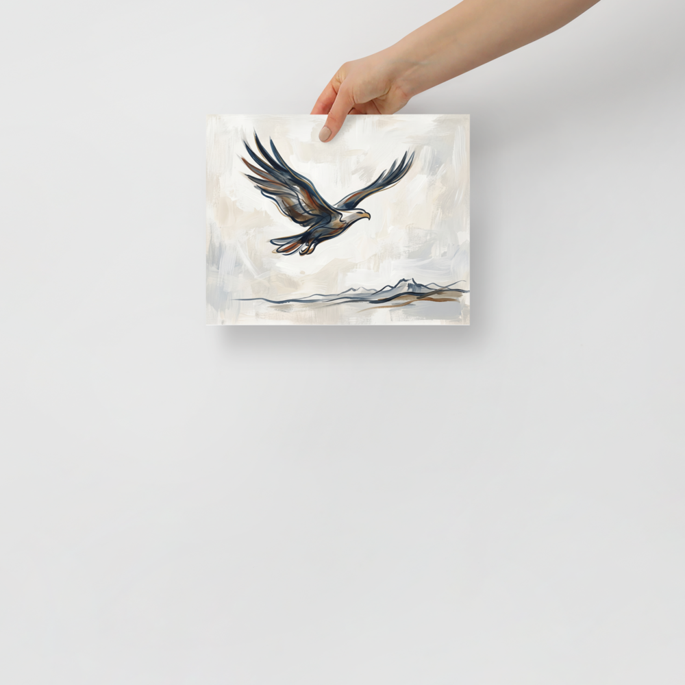 'Soaring Eagle' — a Minimalism,Lyrical abstraction print. A minimalist painting of an eagle in flight, created with bold, sweeping strokes of blue and brown over a subtle mountain outline, suitable for a serene living room.