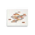 'Floating Foundations' — a Minimalism,Geometric abstract art print. A minimalist abstract painting featuring scattered rectangular brick-like shapes in terracotta, grey, and ochre against a solid white background, ideal for a modern living room.