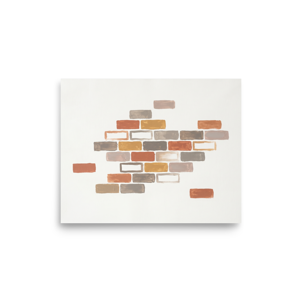 'Floating Foundations' — a Minimalism,Geometric abstract art print. A minimalist abstract painting featuring scattered rectangular brick-like shapes in terracotta, grey, and ochre against a solid white background, ideal for a modern living room.