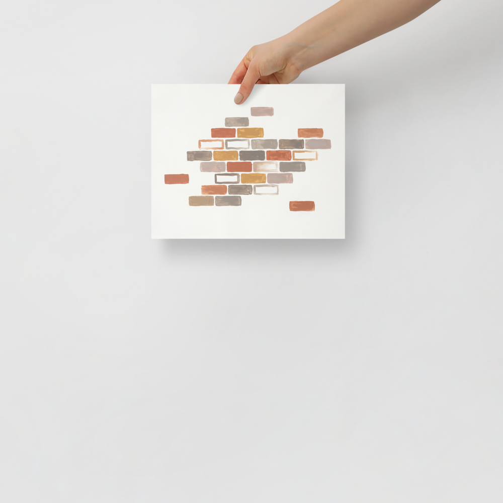 'Floating Foundations' — a Minimalism,Geometric abstract art print. A minimalist abstract painting featuring scattered rectangular brick-like shapes in terracotta, grey, and ochre against a solid white background, ideal for a modern living room.
