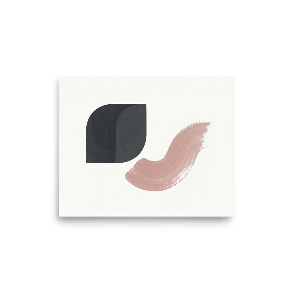 'Geometric Blush' — a Minimalism,Geometric abstract art print. A minimalist abstract painting featuring a solid dark grey rounded geometric shape and a swooping dusty pink brushstroke on a textured white background. Excellent for a modern bedroom.