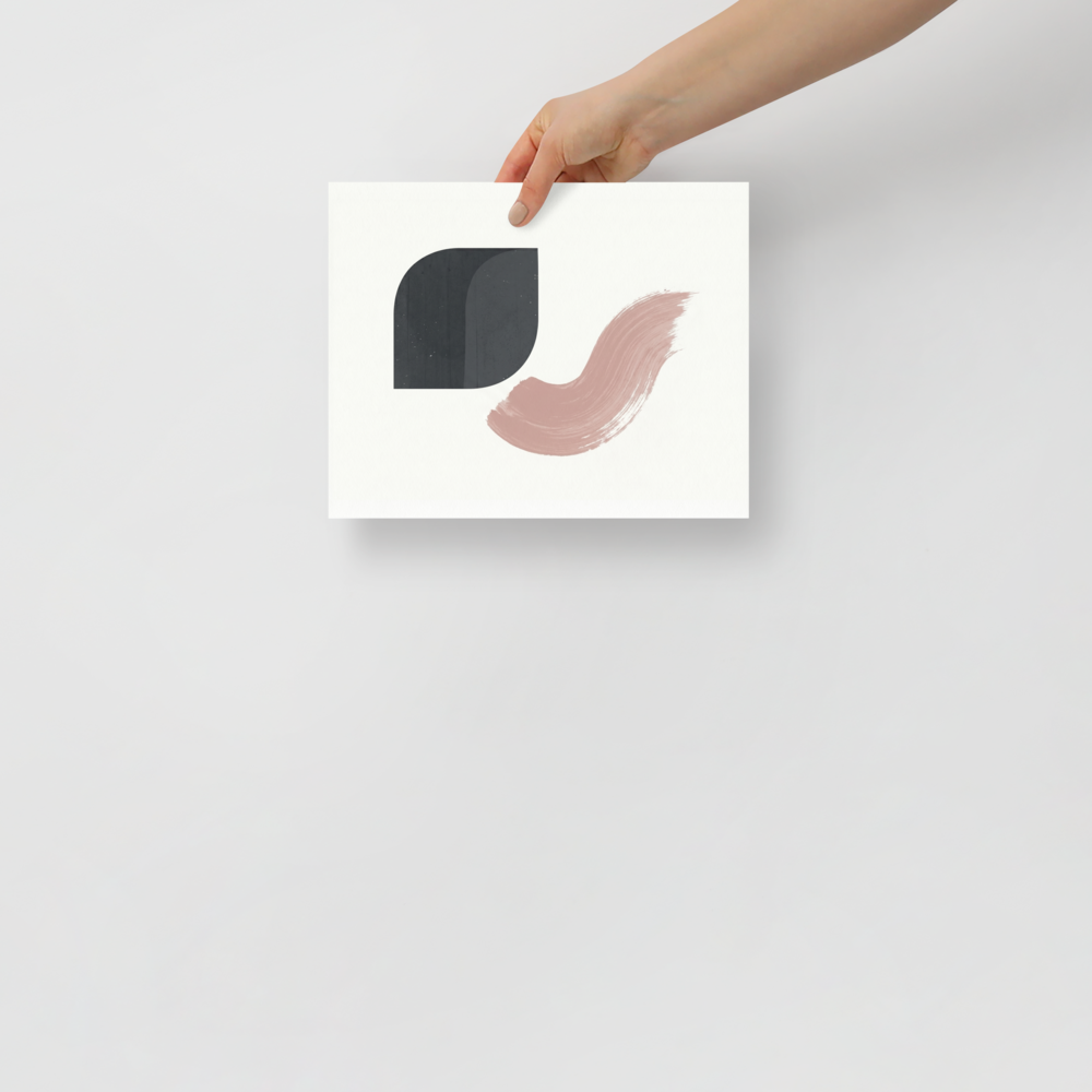 'Geometric Blush' — a Minimalism,Geometric abstract art print. A minimalist abstract painting featuring a solid dark grey rounded geometric shape and a swooping dusty pink brushstroke on a textured white background. Excellent for a modern bedroom.