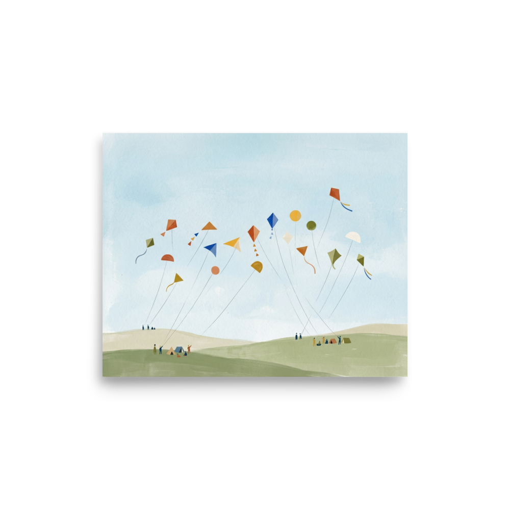 'Kite Festival' — a Minimalism,Naive art print. A playful minimalist painting showing numerous colorful geometric kites flying high in a light blue sky, held by tiny figures on soft green and beige hills. Perfect for a nursery or playroom.