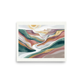 'Winding Valley' — a Minimalism,American Scene Painting print. An abstract minimalist painting of a canyon valley with layered colorful bands of teal, mauve, and ochre, with a winding white river under a bright sun. Perfect for a calming living room.
