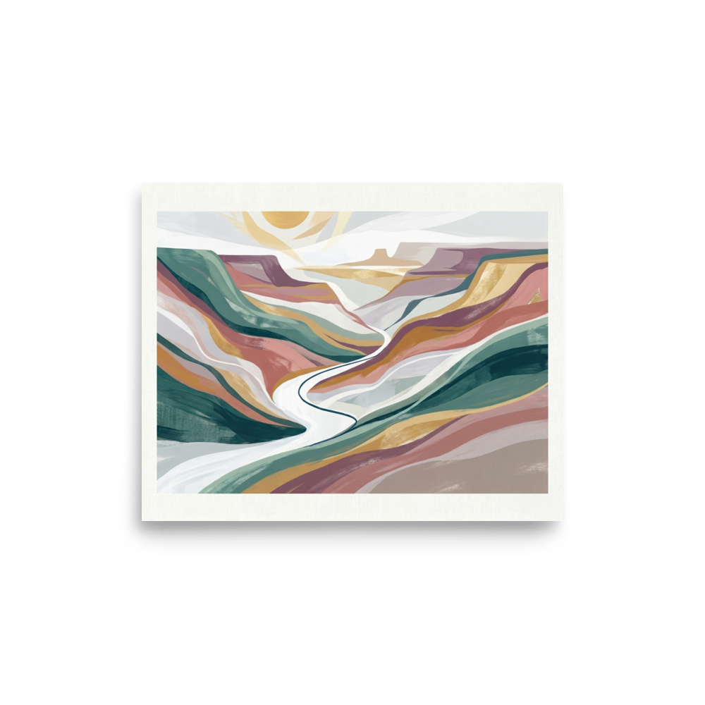 'Winding Valley' — a Minimalism,American Scene Painting print. An abstract minimalist painting of a canyon valley with layered colorful bands of teal, mauve, and ochre, with a winding white river under a bright sun. Perfect for a calming living room.