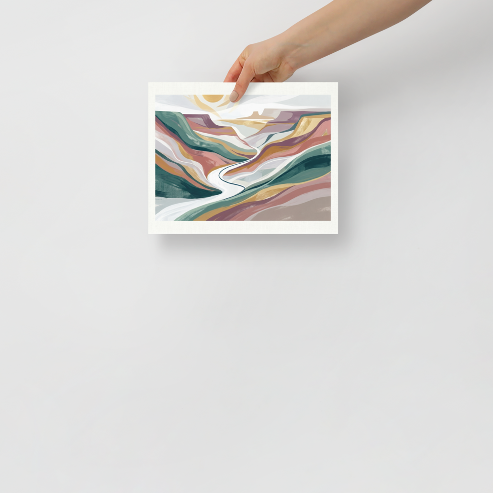 'Winding Valley' — a Minimalism,American Scene Painting print. An abstract minimalist painting of a canyon valley with layered colorful bands of teal, mauve, and ochre, with a winding white river under a bright sun. Perfect for a calming living room.