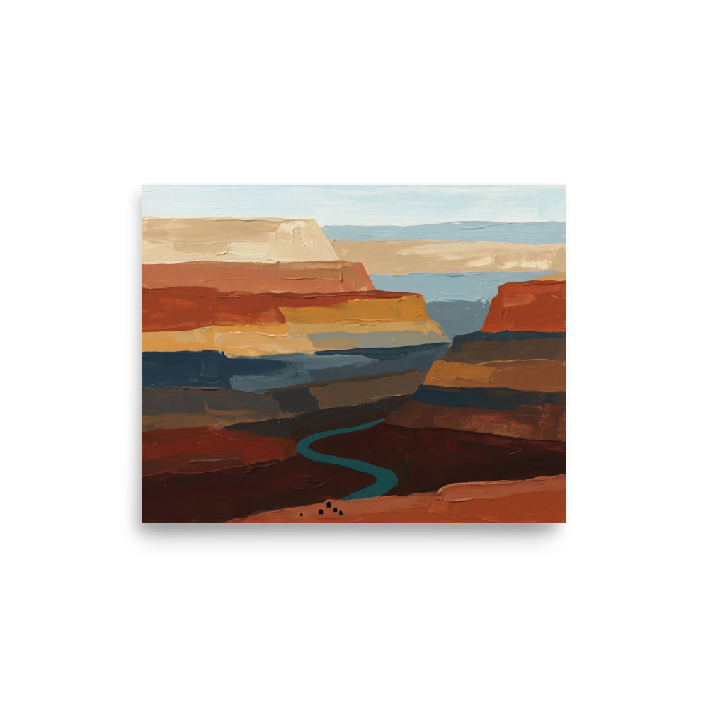 'Deep Canyon River' — a Expressionism,Impressionism print. An impasto style landscape painting of a grand canyon featuring thick horizontal brushstrokes of brown, terracotta, and ochre, with a winding turquoise river at the bottom. Great for a rustic den.