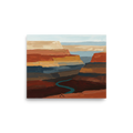 'Deep Canyon River' — a Expressionism,Impressionism print. An impasto style landscape painting of a grand canyon featuring thick horizontal brushstrokes of brown, terracotta, and ochre, with a winding turquoise river at the bottom. Great for a rustic den.