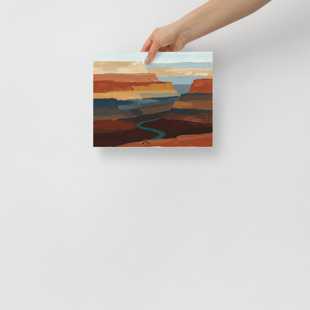 'Deep Canyon River' — a Expressionism,Impressionism print. An impasto style landscape painting of a grand canyon featuring thick horizontal brushstrokes of brown, terracotta, and ochre, with a winding turquoise river at the bottom. Great for a rustic den.