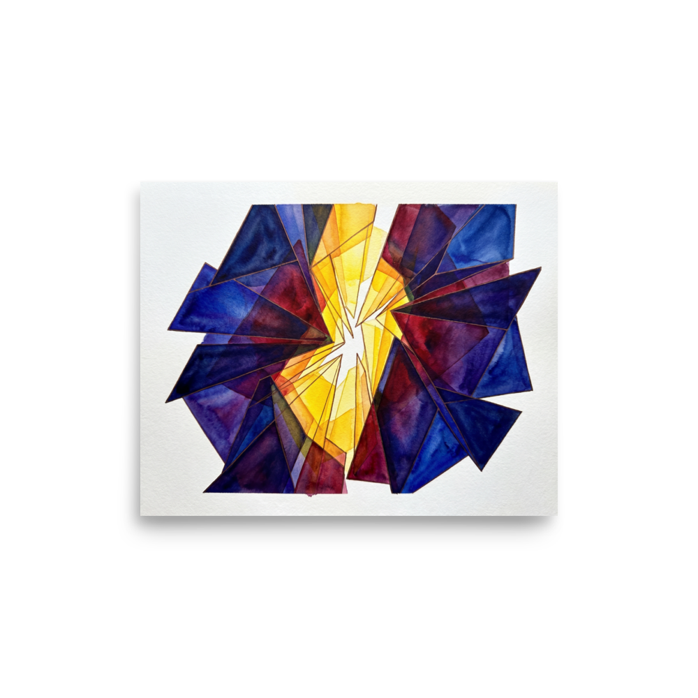 'The Long Hour' — a Abstract art print. Abstract arrangement of broken blue, red, and yellow stained glass radiating outward, ideal for a brightly lit Sunroom / Conservatory.