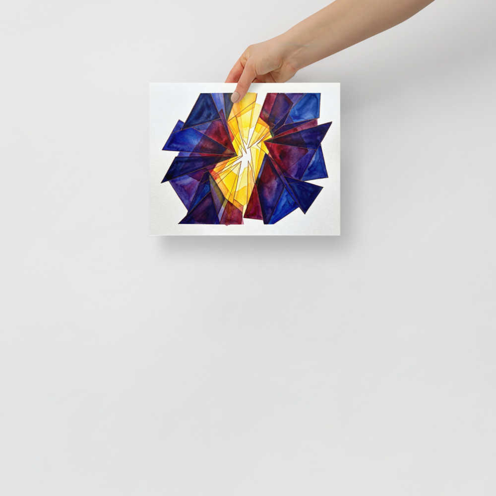 'The Long Hour' — a Abstract art print. Abstract arrangement of broken blue, red, and yellow stained glass radiating outward, ideal for a brightly lit Sunroom / Conservatory.